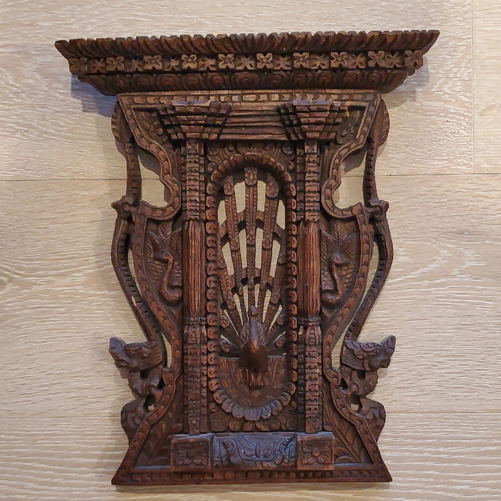 Vintage Nepal Scented Wood Peacock Window Wall Hanging, Nagaraja Protector